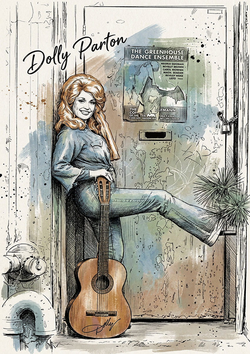 Detailed sketch-style artwork of Dolly Parton leaning against a door with an acoustic guitar